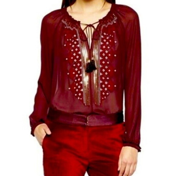ALTUZARRA SHEER PEASANT Sheer BLOUSE EMBROIDERED RUBY RED HILL SIZE XS - Picture 13 of 13